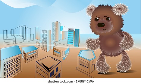 Gran peluche en la ciudad. Ilustración vectorial, juguetes para niños en un ambiente real.
