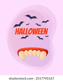 Big teeth for Halloween poster design. Flying bats on abstract background. Celebration, holiday, party concept. Vector illustration for invitation or banner