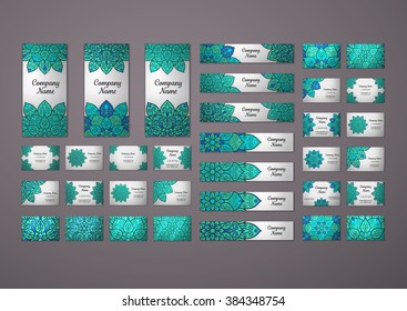 Big templates set. Business cards, invitations and banners. Floral mandala pattern and ornaments. Oriental design Layout. Asian, Arabic, Indian, ottoman motifs. 