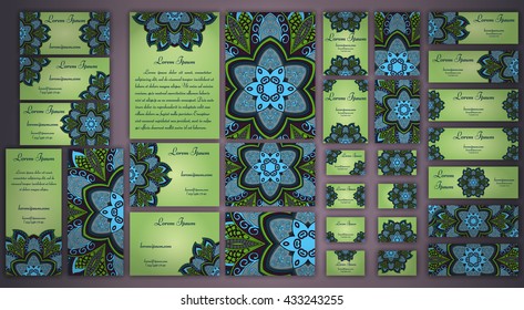 Big templates set. Collection of business cards, invitations and banners. Front and back page. Floral mandala pattern and ornaments. Oriental design Layout. Asian, Arabic, Indian, ottoman motifs.