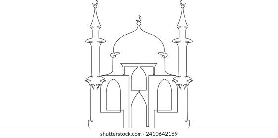 Big temple mosque. Religious building. Islam. Minarets and crescent.One continuous line drawing. Linear. Hand drawn, white background. One line.