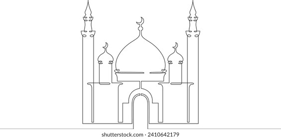 Große Tempelmoschee. Religiöses Gebäude. Islam. Minarette und Halbmond.Eine durchgehende Linienzeichnung. Linear. Handgezeichnet, weißer Hintergrund. Eine Zeile.