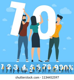 Big  ten number. White numbers  illustration with  young people with  tablets and smartphones and computers sending and sharing  social media posts. Flat design vector concept over sky background.