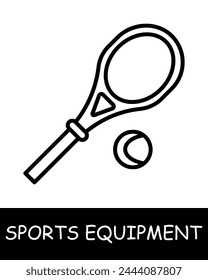 Big tennis line icon. Sports equipment, hockey stick, basketball, tennis racket, volleyball, boxing gloves, barbell, dumbbells, jump rope, skis. Vector line icon for business and advertising