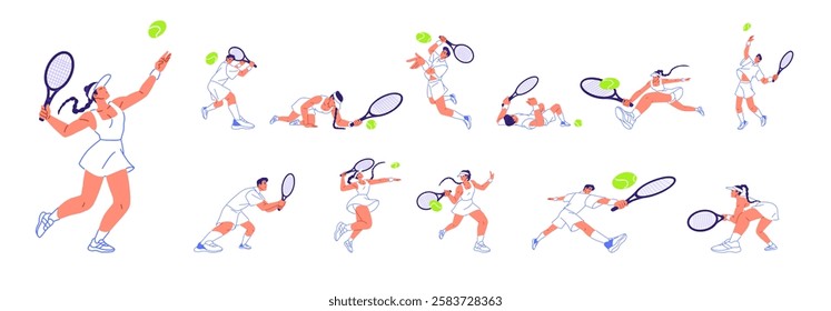 Big tennis players set. Athletes play racquet game on court. Sportsman and sportswoman hit ball with racket. People in sports uniform training. Flat isolated vector illustrations on white background