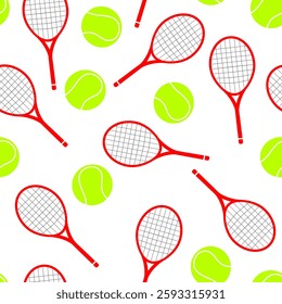 Big tennis racket and green ball seamless pattern isolated on white background vector. Cartoon doodle sport playing game equipment backdrop.