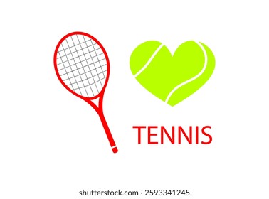 Big tennis racket and green ball isolated on white background vector.  I love tennis. Cartoon doodle sport playing game equipment backdrop.