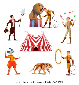 Big tent of circus with lion and trainer, magician and juggler, tiger on entertainment show. Dangerous tricks with wild animals, funfair characters vector characters. Carnival performance in circus