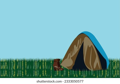 Big tent on green meadway grass with pair of female boots next to it