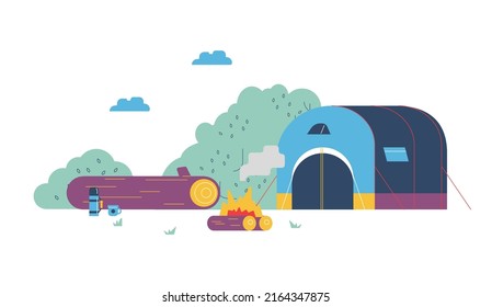 Gran carpa en el bosque con bonficador, ilustración vectorial plana aislada en fondo blanco. Conceptos de glamping y camping. Tienda moderna para recreación de verano al aire libre.