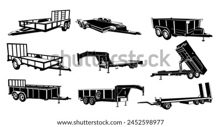 Big tex trailers for industrial heavy transportation black isometric icon set vector illustration. Hauling transporter for cargo shipment delivery transport vehicle lorry trailer different shape