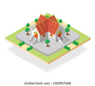 Big Thai temple isometric on white background. Place of worship of Asian Buddhists.