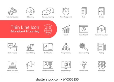 big thin line set of e-learning and education with text. flat linear trend modern logotype graphic art design isolated on white background. concept of digital electronic communication in web school