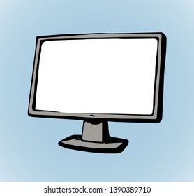 Big thin wide blank flatscreen imac pad ui on white backdrop. Abstract line black ink hand drawn object logo pictogram emblem in art doodle style pen on paper. Front view closeup on space for text