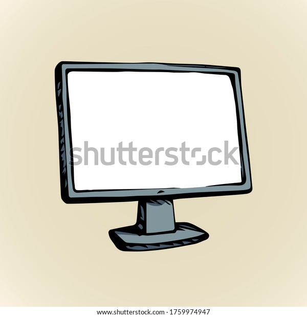 Big thin wide blank flatscreen imac pad ui on white\
backdrop. Abstract line black ink hand drawn flat object logo\
pictogram emblem in art doodle style pen on paper. Front view\
closeup on text space