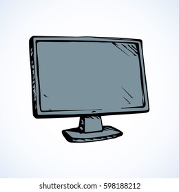 Big thin wide blank imac pad ui isolated on white backdrop. Abstract freehand outline black ink hand drawn object sketchy in art scribble style pen on paper. Front view closeup and space for text