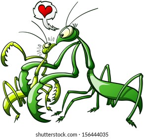 Big and threatening female praying mantis capturing her mate and asking firmly for love by showing a speech balloon with a red heart inside. The male is fully nervous and fearing for his life