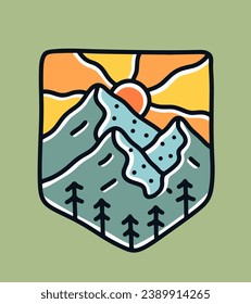 Die drei großen Berge und Sonnenaufgänge für Abzeichen, Aufkleber, T-Shirt-Design und Outdoor-Design
