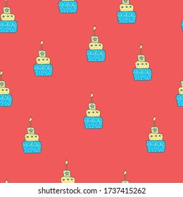 Big three story cake seamless pattern.Vector illustration. Red background. 
Colorful beautiful cake with a candle.Pastry, bakery theme. Birthday Print for textile,wrapping paper, wallpaper,web page.