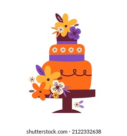 Große drei gestufte Kuchen auf einem Stand zum Geburtstag, Hochzeit, Jubiläum. Festlicher süßer Nachtisch mit hellen Blumen. Symbol für festliches Backen. Handgezeichnete Illustration im skandinavischen Stil