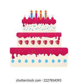 Big three-decker strawberry cake with cherries and candles on top, isolated on white background. Vector Illustration. EPS 10.