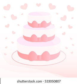 Big three-tier cake with ornamentation of bowknot and beads. Tasty dessert. Wedding cake. Celebration attribute.