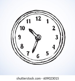 Big ticker timekeeper isolated on white backdrop. Freehand outline dark ink hand drawn picture sign sketchy in scribble style pen on paper. Closeup view with space for text