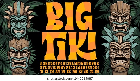 Big Tiki is a stylized alphabet with ligatures; includes four tiki head illustrations and palm leaves svg