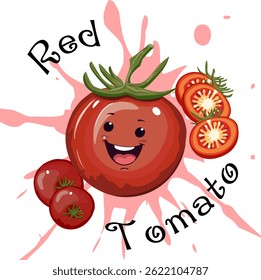 Tomate grande em ilustration.Vetor ilustração com um tomate alegre em um fundo transparente com texto e respingos.
