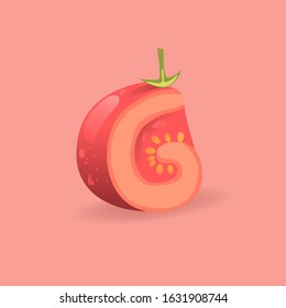 Big tomato red letter G. Breakfast handcrafted typeface on a pink background. Cartoon eco alphabet. Friendly set