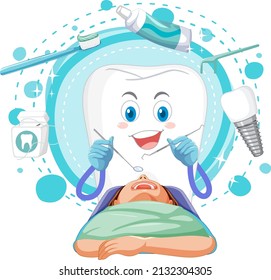 Big tooth examining patient teeth on white background illustration