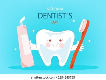 big tooth holds a toothbrush and toothpaste in his hands. National dentist day horizontal banner.Vector doodle cartoon illustration.