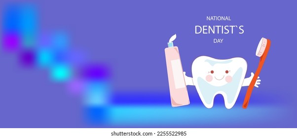 Der große Zahn hält eine Zahnbürste und Zahnpasta in den Händen. Nationalzahnarzt Tagesposter, Flyer.Vector doodle Cartoon Illustration.