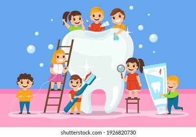 Big tooth and kids. Oral cavity hygiene, orthodontic education poster, children group around big white tooth, cleaning items toothpaste and toothbrush. Child stomatology clinic vector cartoon concept