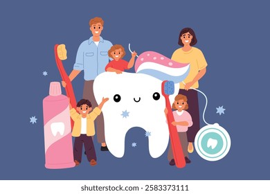 Big tooth with tiny family. Oral hygiene. Caries prevention. Happy parents together with children. Healthy teeth. Smiling people. Cleaning toothpaste. Happy molar. Dental floss. Garish vector concept