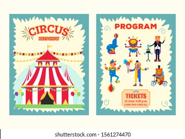 Big top circus and artists performers vector illustration. Magician with hare, clowns, wild animals monkey, bear and seal. Circus show printable brochure, program, ticket.