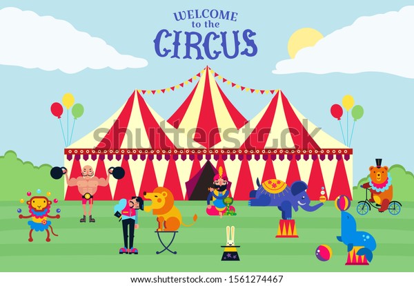 Big top circus and artists performers vector
illustration. Trainers, athlete, wild animals monkey, bear,
elephant, hare and lion, seal, snake. Festive circus marquee entry
with flags, balloons.