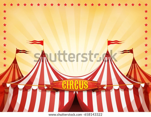 Big Top Circus Background\
With Banner/\
Illustration of cartoon white and red big top circus\
tents background, with marquee or banner on a yellow summer sky\
background