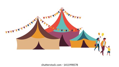 Big top circus family and weekend entertainment color tents vector mother father and kid with balloons show or performance spectators fun fair carnival or fairground amusement and festival event
