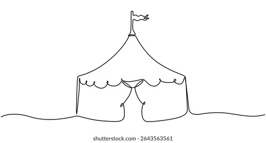 Grande circo superior. Uma tenda de circo contínua. Tenda de arte para o carnaval. Ilustração vetorial de contorno, Um único desenho de uma linha de duas tendas de circo, juntamente com listras e bandeiras no topo.