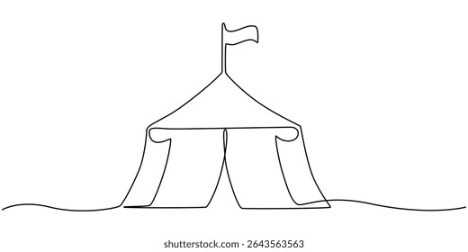 Big top circus. One line continuous circus tent. Line art tent for carnival. Outline vector illustration, Single one line drawing of two circus tents together with stripes and flags at the top.
