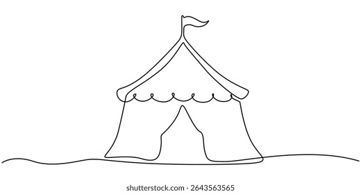 Big top circus. One line continuous circus tent. Line art tent for carnival. Outline vector illustration, Single one line drawing of two circus tents together with stripes and flags at the top.