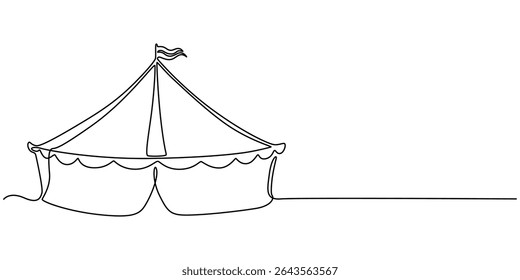 Big top circus. One line continuous circus tent. Line art tent for carnival. Outline vector illustration, Single one line drawing of two circus tents together with stripes and flags at the top.