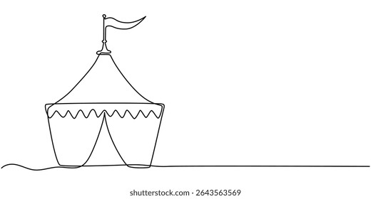 Big top circus. One line continuous circus tent. Line art tent for carnival. Outline vector illustration, Single one line drawing of two circus tents together with stripes and flags at the top.