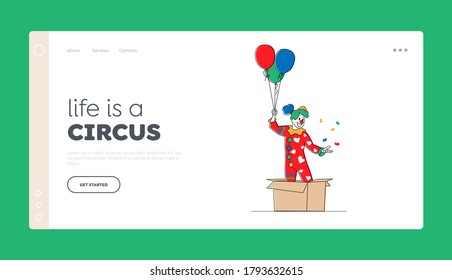 Big Top Circus Show Artist Landing Page Template. Female Clown Character Pop Up from Huge Carton Box with Balloons. Jester Performer, Entertainer in Funny Costume and Wig. Linear Vector Illustration