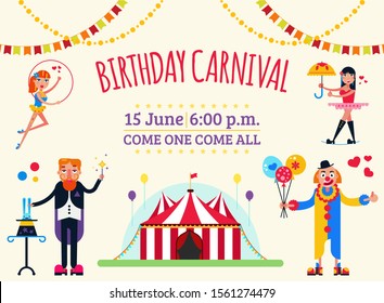 Big top circus show invitation poster vector illustration. Artists performers magician with hare, clown, girls gymnasts aerialists. Festive circus marquee entry with flags, balloons.
