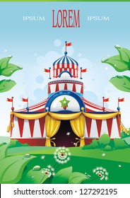 Big top circus tent built in a park. The sky is blue with white cumulus clouds. Decoration vector illustration.