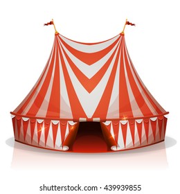 Big Top Circus Tent/
Illustration of a cartoon big top circus tent, with red and white stripes, for funfair and carnival holidays, isolated on white