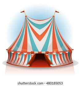 Tienda de Circo Superior /
Ilustración de una caricatura de gran carpa de circo, con rayas rojas, azules y blancas, para las fiestas de feria y carnaval, aislada en blanco