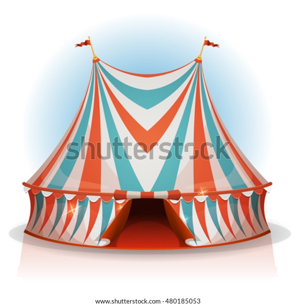 ビッグトップサーカステント 白い背景にファンフェアとカーニバルの休日用の 赤 青 白の縞模様を持つ 漫画の大きなサーカスのテントのイラスト のベクター画像素材 ロイヤリティフリー